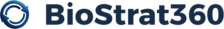 BioStrat360 text and circular arrow design