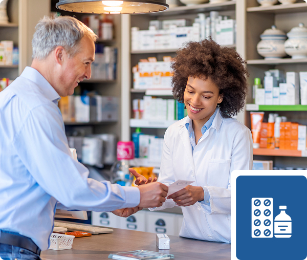Photo of female mixed race Pharmacist giving prescriptions of medicine to mature gray hair customer in pharmacy