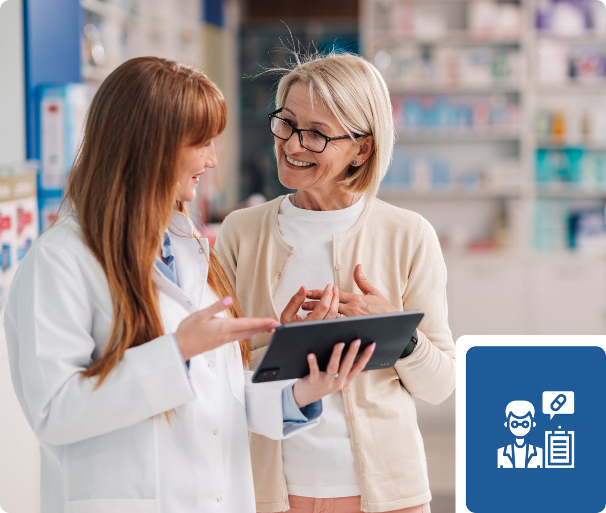 Pharmacist consulting customer with tablet